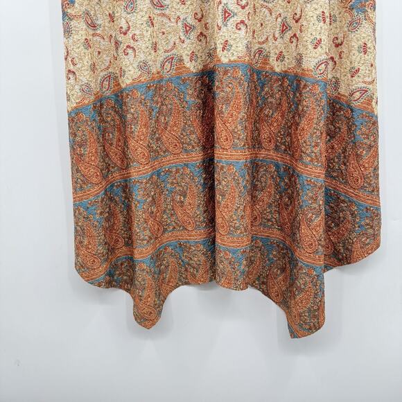 One World Boho Print Asymmetrical Hem Dress Size XXL Brown V-Neck Midi Beachy - Picture 4 of 12